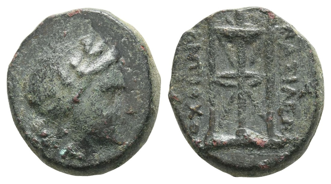 Seleukid Empire, Antiochos III AE 19mm.: 223-187 BC. Antioch mint. Laureate head of Apollo to right / BA?I?E?? ANTIOXOY, tripod. Cf. SC 1060; cf. HGC 9, 468. 7.09gr, 19mm, 8h. Very Fine. Acquired on the European coin market. Property of a Ke