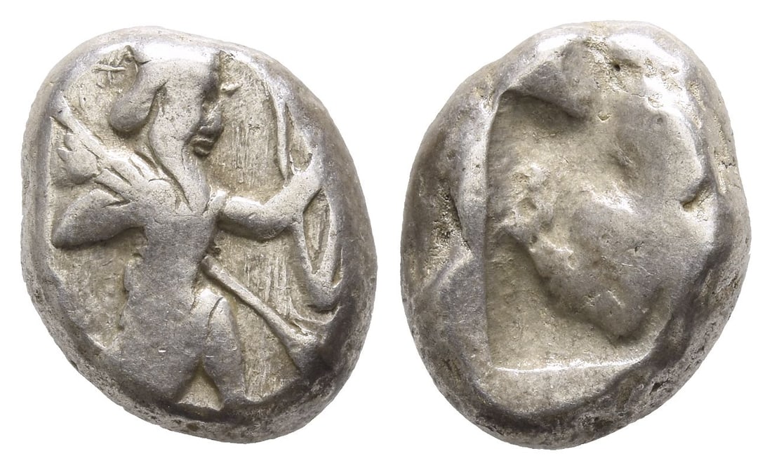 Persia. Achaemenid Empire, Time of Artaxerxes I to Artaxerxes II AR Siglos.: Circa 450-375 BC. Sardes or subsidiary mint. Type IIIb (late). Lydo-Milesian standard. Persian king or hero, wearing kidaris and kandys, quiver over shoulder, in kneeling-running stance to right, hold