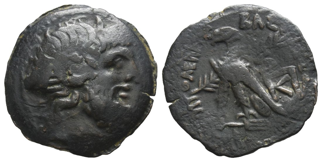 Ptolemaic Kingdom of Egypt, Kleopatra VII Thea Neotera with Ptolemy XV Caesarion AE 27mm.: Circa 37-30 BC. Uncertain mint on Cyprus(?). Head of Zeus-Ammon to right / ??????[???]? ???[?????], eagle with closed wings standing to left on thunderbolt, palm frond behind shoulder; monogram to rig