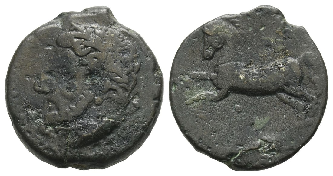 Kings of Numidia, Massinissa or Micipsa AE Unit.: 203-148 BC or 148-118 BC. Laureate head to left / Horse galloping to left; pellet below. Mazard 53; MAA 18a; SNG Copenhagen 505. 14.70gr, 27mm, 12h. Near Very Fine. Acquired on the UK art market. From