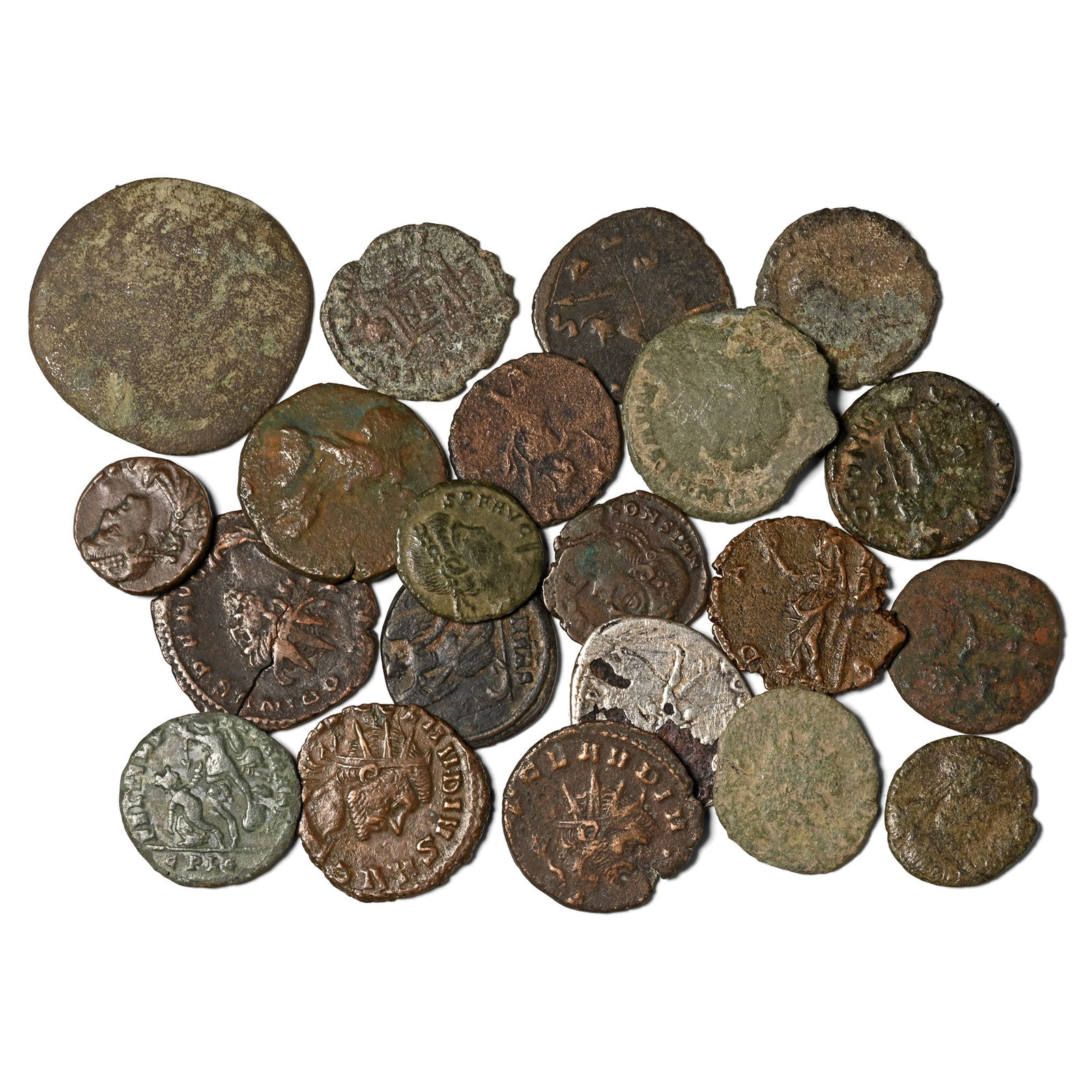 Twenty One [21] Roman, Greek and Celtic Coins.: 1st century BC-4th century AD. Comprising: various rules, issues, and reverse types of Roman coins, plus a debased Durotriges Celtic stater and a Greek AE unit. 52.14gr total, 13-26mm. As shown. From 