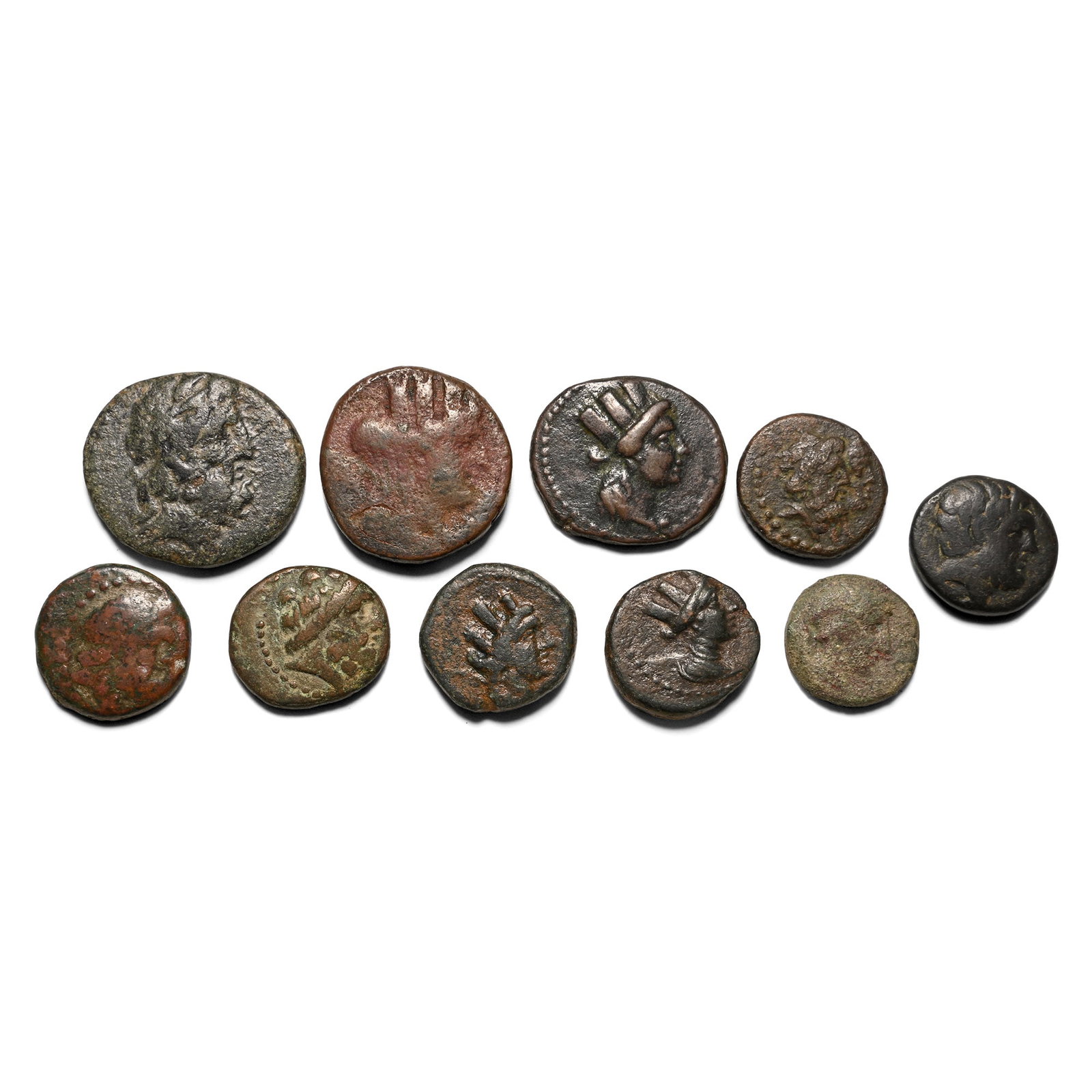 Group of Ten [10] AE Greek Coins.: 3rd-1st century BC. Comprising: mixed rulers, denominations and reverse types. 41.49gr total, 14-22mm. As shown. Acquired on the UK art market. From the collection of Mr Carlos Bahamonde, Manchester, 