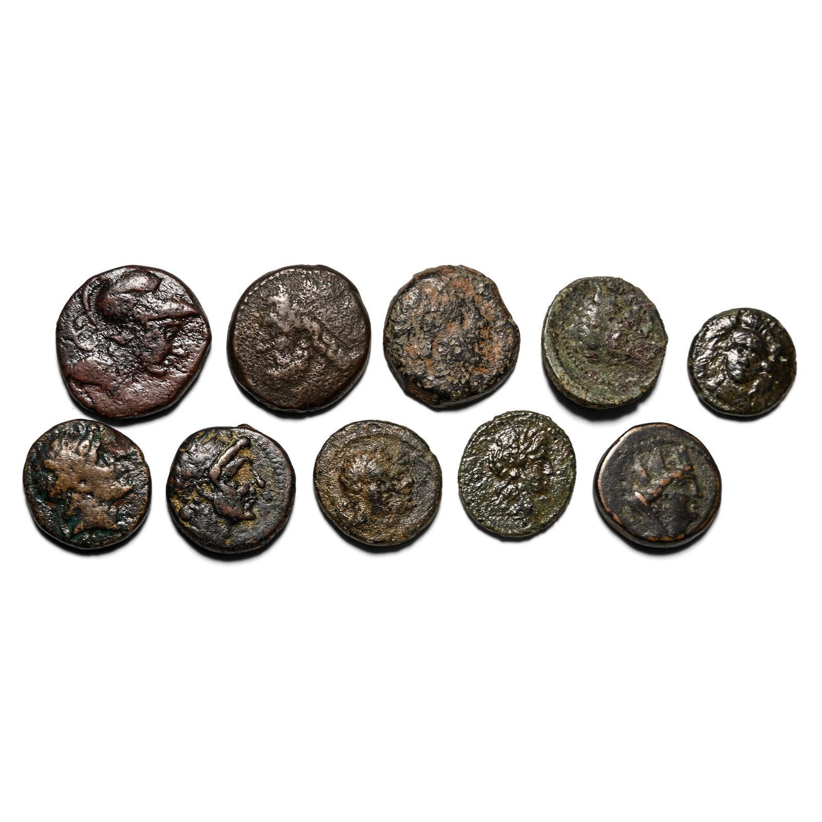 Group of Ten [10] AE Greek Coins.: 3rd-1st century BC. Comprising: mixed rulers, denominations and reverse types. 40.94gr total, 15-20mm. As shown. Acquired on the UK art market. From the collection of Mr Carlos Bahamonde, Manchester, 