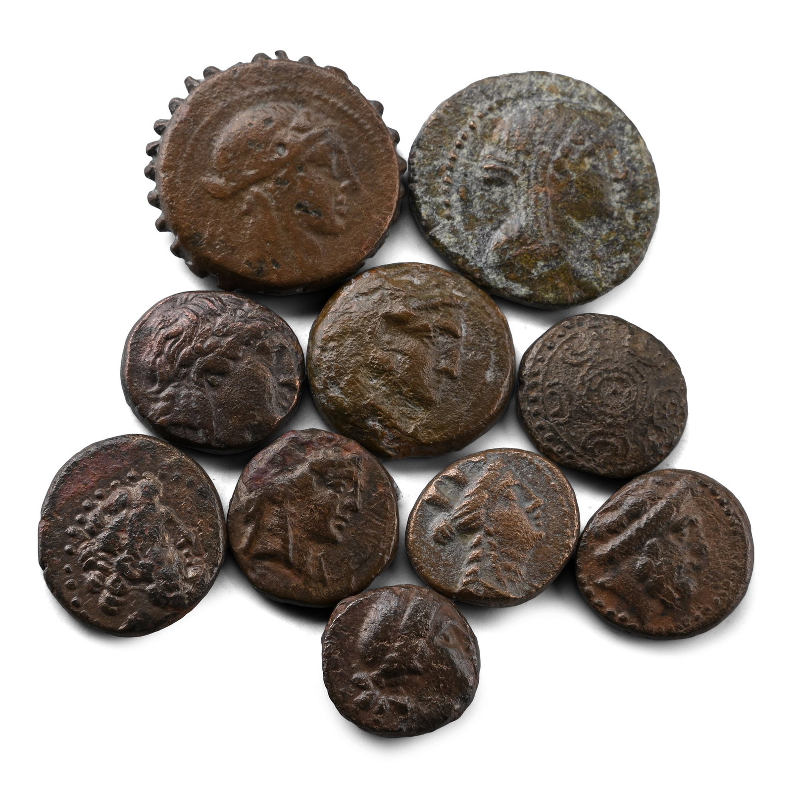 Group of Ten (10) Greek AE Coins.: Circa 3rd-1st century BC. Comprising: mixed rulers, issues, denominations and reverse types. 50 grams total. As shown. Property of a Cambridgeshire, UK, gentleman. TimeLine Auctions follows a rigorous