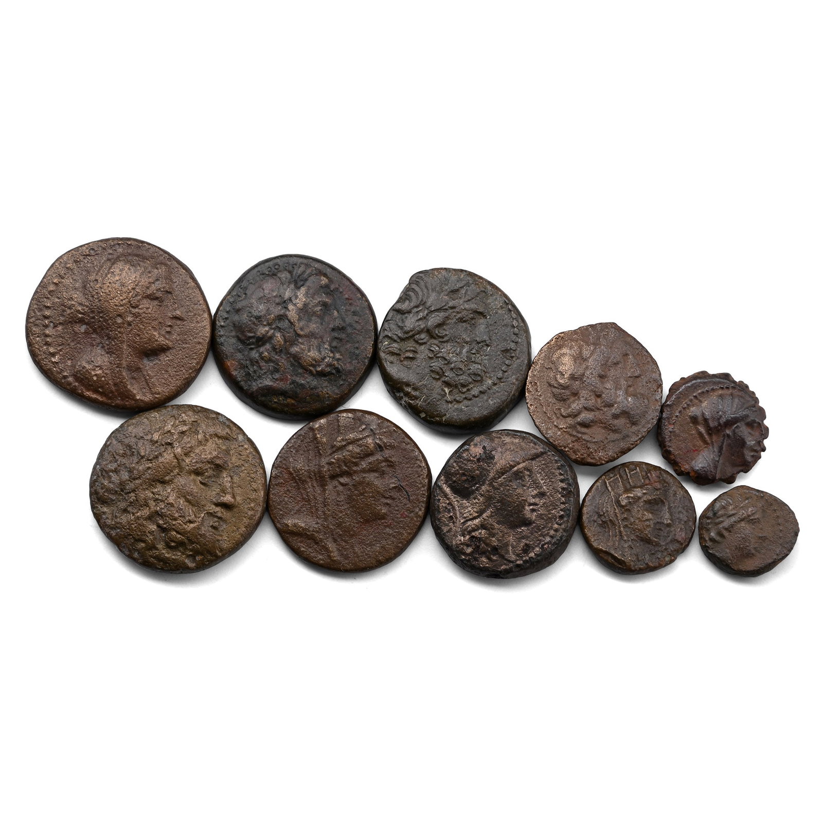 Group of Ten (10) Greek AE Coins.: Circa 3rd-1st century BC. Comprising: mixed rulers, issues, denominations and reverse types. 0.63gr total. As shown. Property of a Cambridgeshire, UK, gentleman. TimeLine Auctions follows a rigorous v