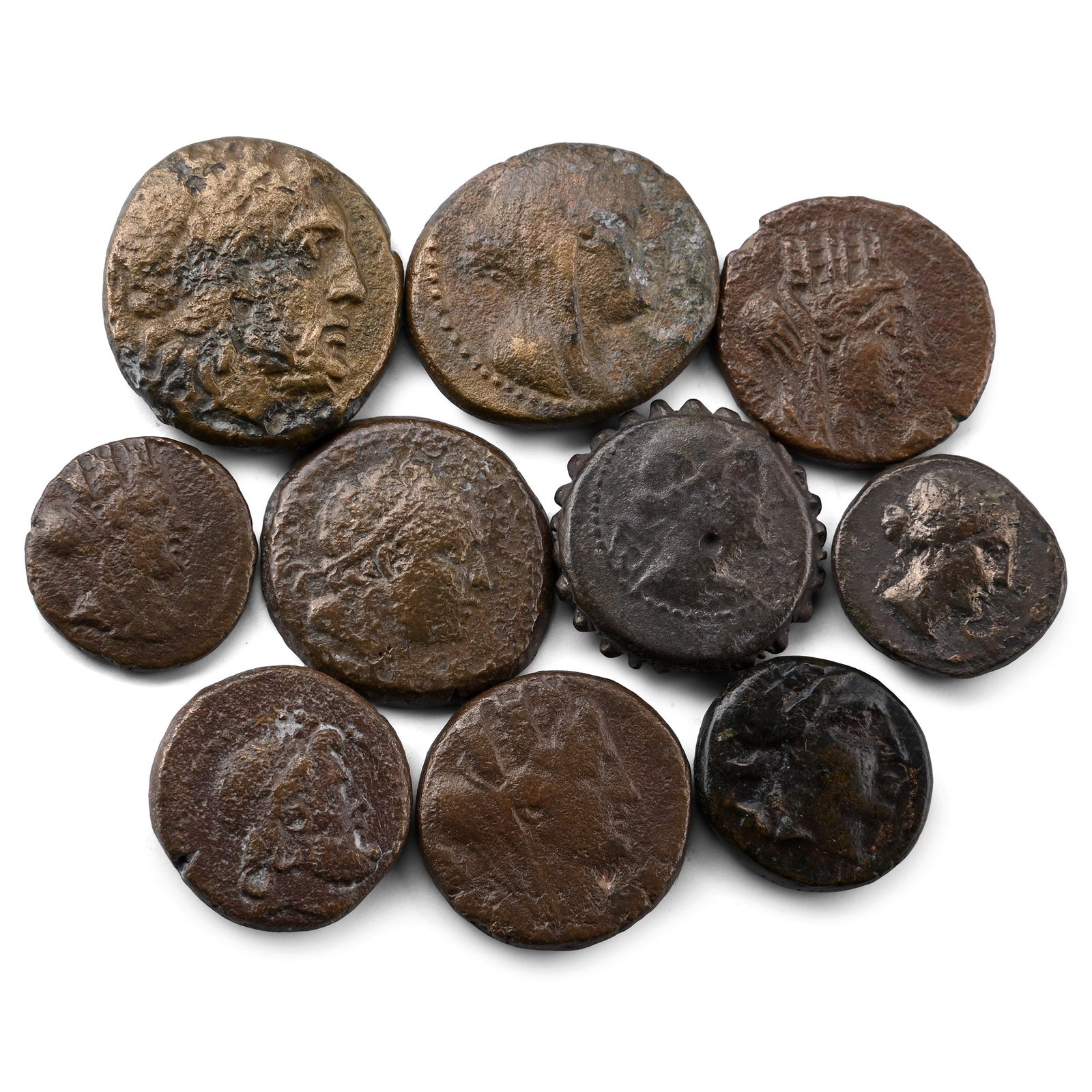 Group of Ten (10) Greek AE Coins.: Circa 3rd-1st century BC. Comprising: mixed rulers, issues, denominations and reverse types. 67gr total. As shown. Property of a Cambridgeshire, UK, gentleman. TimeLine Auctions follows a rigorous vet