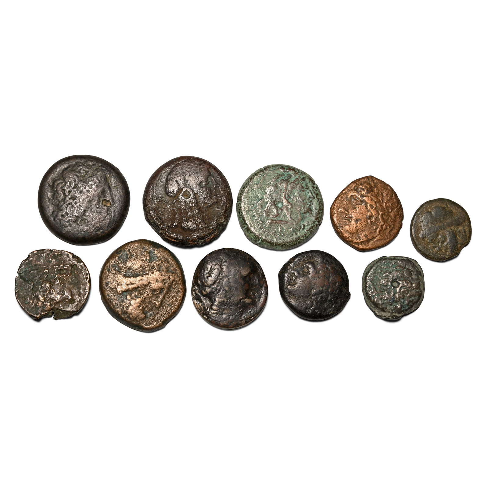 Group of Ten [10] AE Greek Coins.: 3rd-1st century BC. Comprising: mixed rulers, denominations and reverse types. 120gr total, 19-28mm. As shown. Acquired on the UK art market. From the collection of Mr Carlos Bahamonde, Manchester, UK