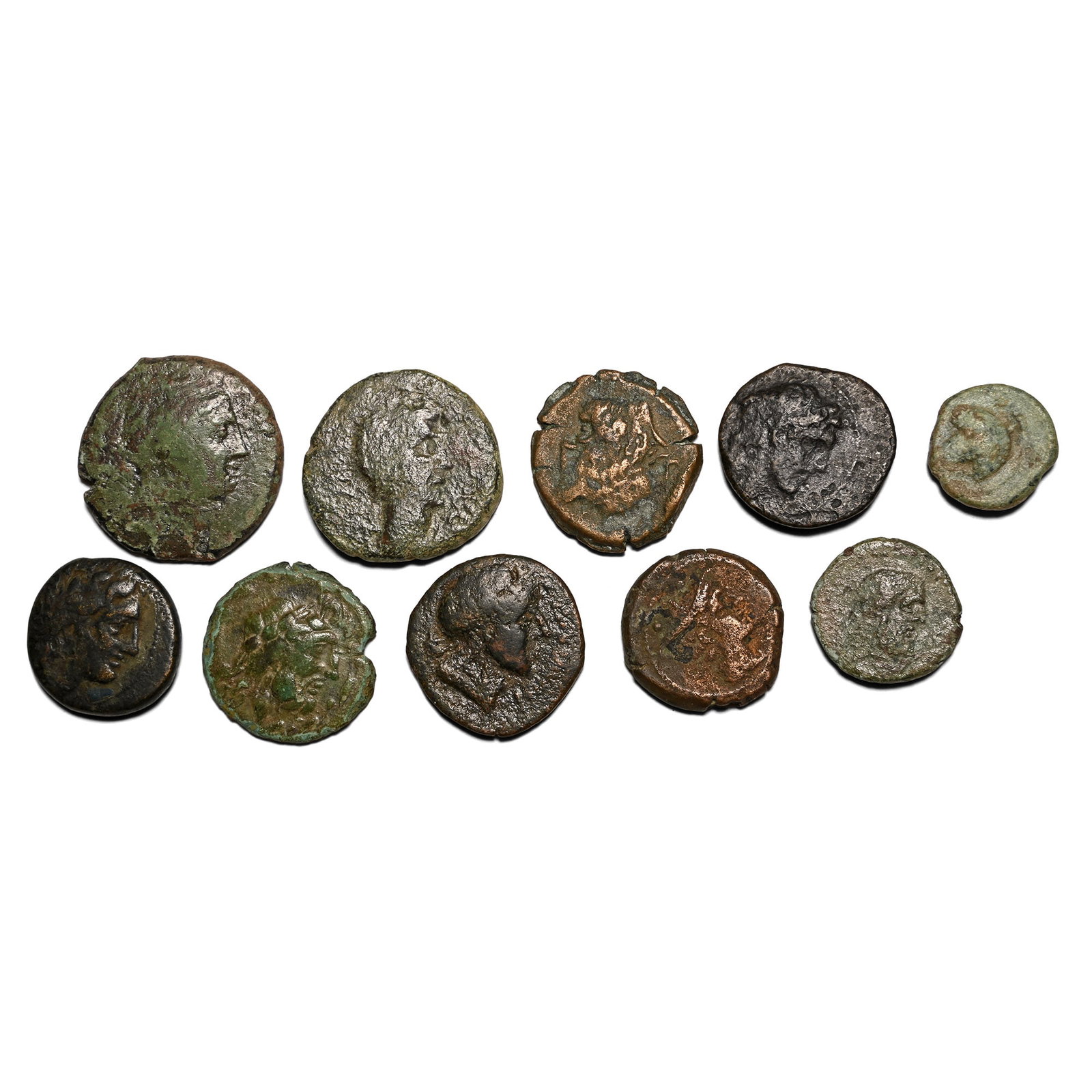 Group of Ten [10] AE Greek Coins.: 3rd-1st century BC. Comprising: mixed rulers, denominations and reverse types. 62.53gr total, 15-25mm. As shown. Acquired on the UK art market. From the collection of Mr Carlos Bahamonde, Manchester, 