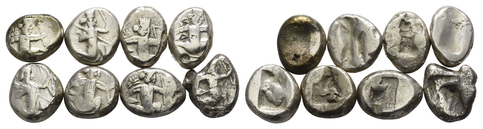 Achaemenid Empire. Group of Eight [8] AR Siglos.: 520-330 BC. Comprising: mixed group with various stamps. 44gr total, 14-16mm. As seen. Ex 'V' gentleman's collection, Switzerland. From the property of a North London, UK, gentleman. TimeLine Auctions