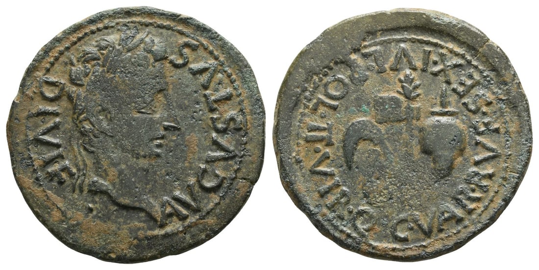 Augustus AE As of Carthago Nova, Hispania.: 27 BC-AD 14. C. Varus Rufus and Sex. Julius Pollio, duoviri.. AVGVSTVS DIVI?F, laureate head to right / C?VAR?RVF?SEX IVL?POL?II?VIR?Q?, emblems of the pontificate: simpulum, aspergillum, securis and 