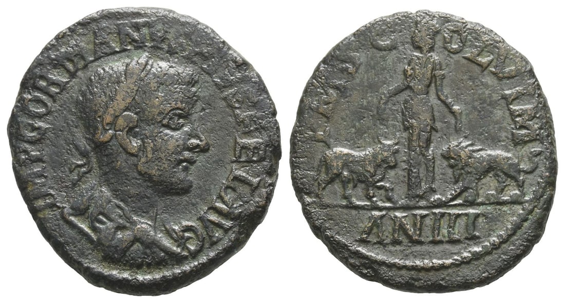 Gordian III AE 31mm of Viminacium, Moesia.: Dated Year 3 (AD 241/2). IMP GORDIANVS PIVS FEL AVG, laureate, draped and cuirassed bust to right / P M S COL VIM, Moesia standing to left between bull standing to right and lion standing to left; AN 