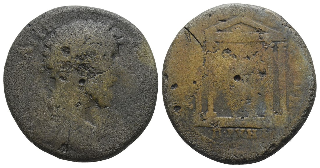 Marcus Aurelius AE 35mm of Apollonia ad Rhyndacum, Mysia.: Circa AD 169-175. [?V ??? ?] ?V?? [????????O?], laureate, draped and cuirassed bust to right / [????????????] ??? ?V??, tetrastyle temple enclosing statue of Apollo, nude, standing to right, holding a