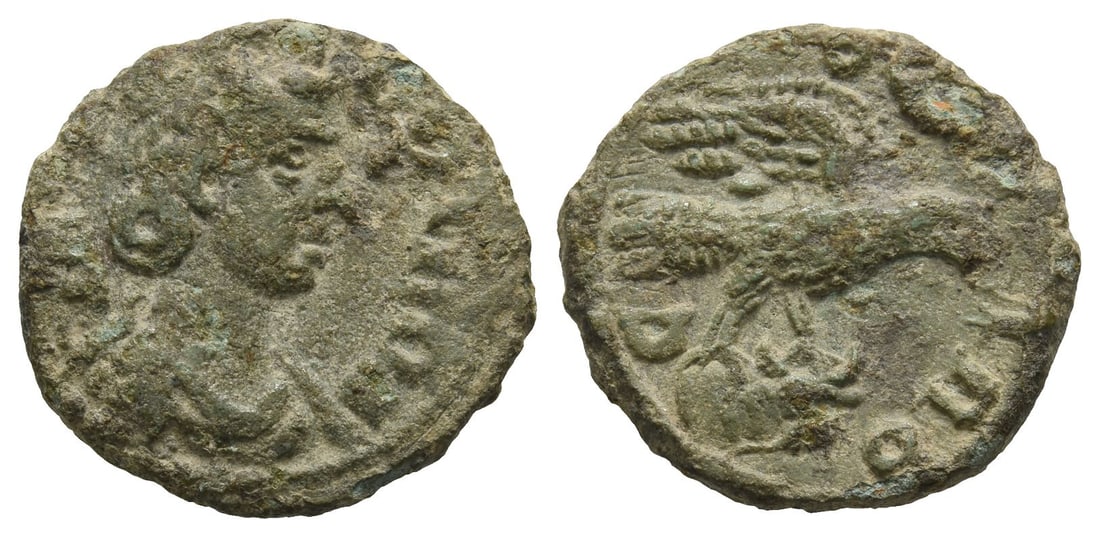 Troas, Alexandria Troas AE 21mm.: Time of Gallienus, circa AD 253-268. Pseudo-autonomous issue.. COL TROA, turreted and draped bust of Tyche to right; vexillum behind / COL AVG TRO, eagle flying to right, carrying bukranion. Bellinger