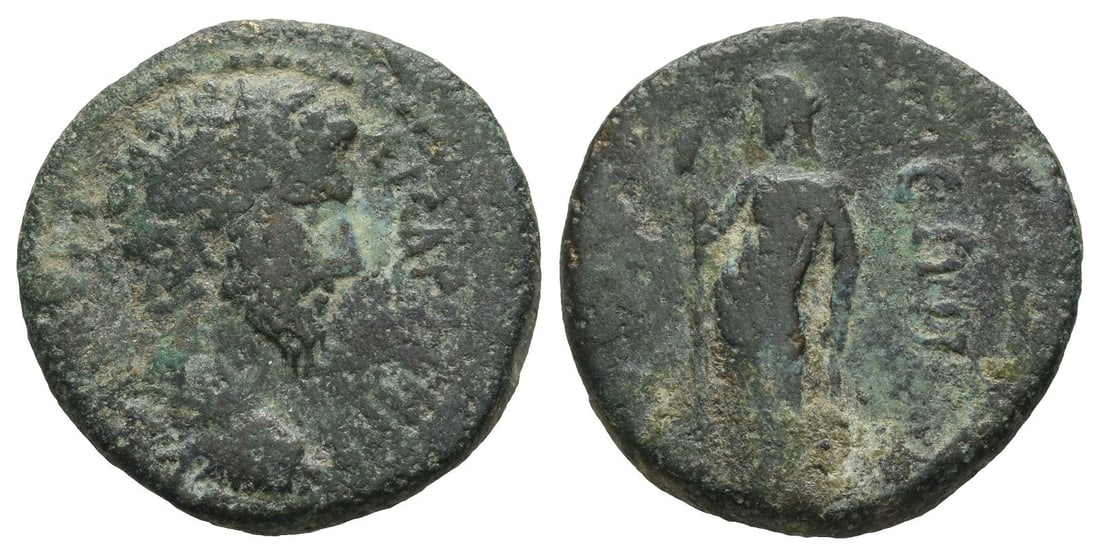 Lucius Verus AE 23mm of Nysa, Lydia.: Circa AD 161-165, probably circa AD 161?163.. [? ??? ?]????? [??????], laureate, draped and cuirassed bust to right / [????]-???, Kore standing to left, holding long sceptre. RPC IV.2 Online 1477 (tem