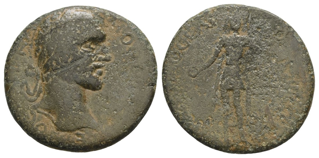 Macrinus AE Tetrassarion or 4 Assaria of Selinus-Traianopolis, Cilicia.: AD 217-218. [AY] KAI M O?[..]EINOC [C?], laureate head to right / [TPAIAN]O CE?I[NOY THC IEPAC?]; Apollo Sidetes, standing facing, wearing short chiton and mantle, holding phiale and resting on sceptr