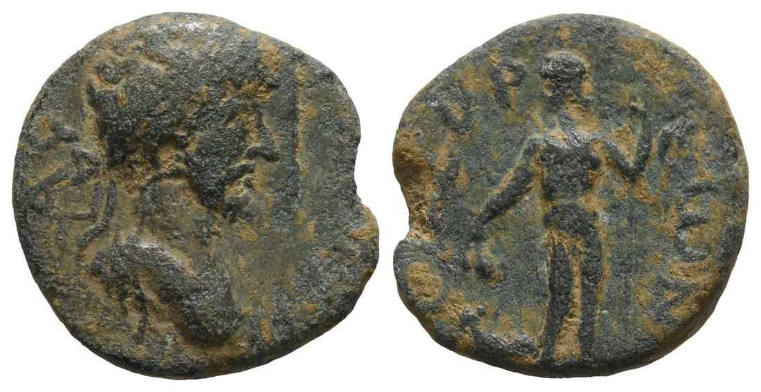 Lucius Verus AE 24mm of Syedra, Cilicia.: AD 161-169. AV[..], laureate and draped bust to right / CY??P??N, Dionysus standing facing, head to left, holding kantharos over panther with right hand and long thyrsus with left. Not in the standard
