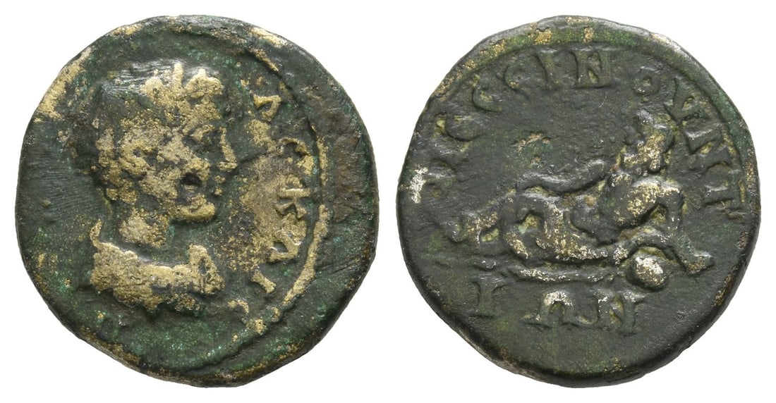 Geta, as Caesar AE 19mm of Pessinus, Galatia.: AD 198-209. [? ??? ???]?? ????, bare-headed and draped bust to right, seen from front / ?????????????, river god reclining to left, resting on water urn. RPC V.3 Online Unassigned ID 72827; Devreker 1
