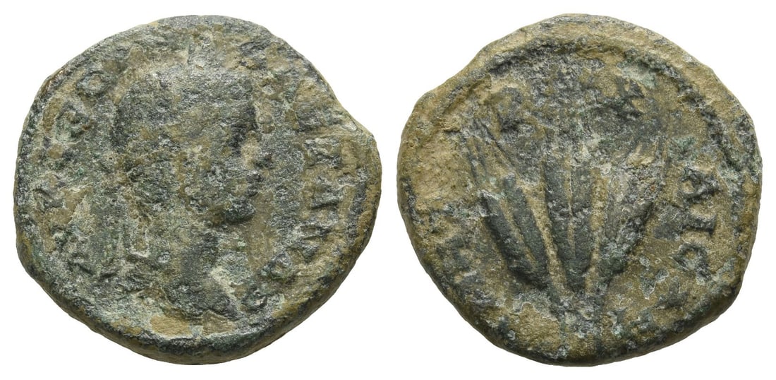 Severus Alexander AE 21mm, of Caesarea, Cappadocia.: AD 222-235. AY K C?OV A???AN?P, laureate head to right / MHTPO KAIC, three ears of grain bound together; date across lower fields. 6.22gr, 21mm, 12h. Near Very Fine. Acquired on the European coin mark