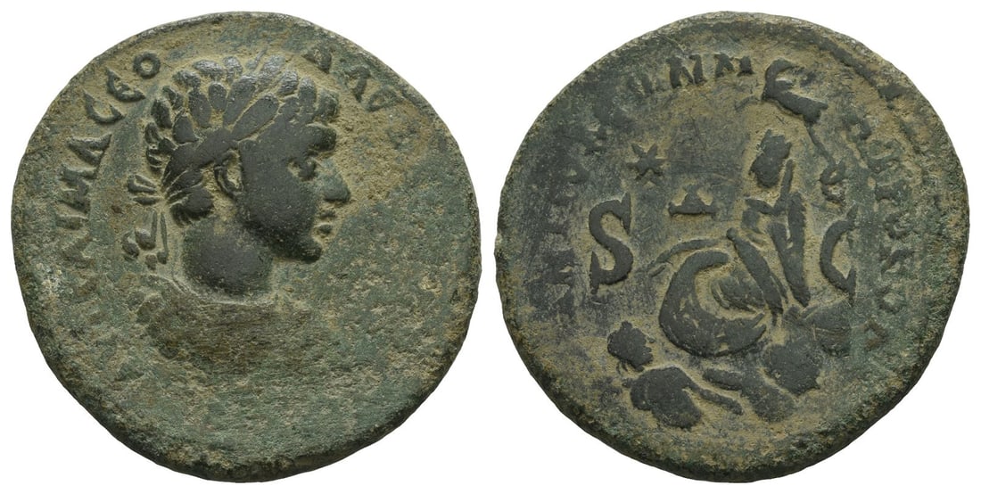 Severus Alexander AE 33mm of Antioch, Seleucis and Pieria.: AD 222-235. ?V? ??? ? ? ??? ????[..], laureate and cuirassed bust to right, seen from front / ????????? ????? ???, Tyche of the City seated on rock to left, holding corn ears; at her feet, river god O