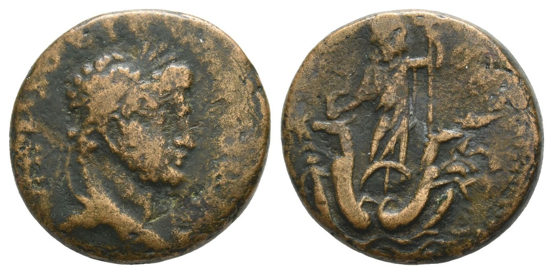 Caracalla AE 22mm of Berytus, Phoenicia.: Struck AD 211-215. [IMP M AVR SEV ANTON AVG], laureate head to right / [COL BER], Poseidon standing facing, head to left, wearing polos, in quadriga of four hippocamps, holding dolphin in right hand a