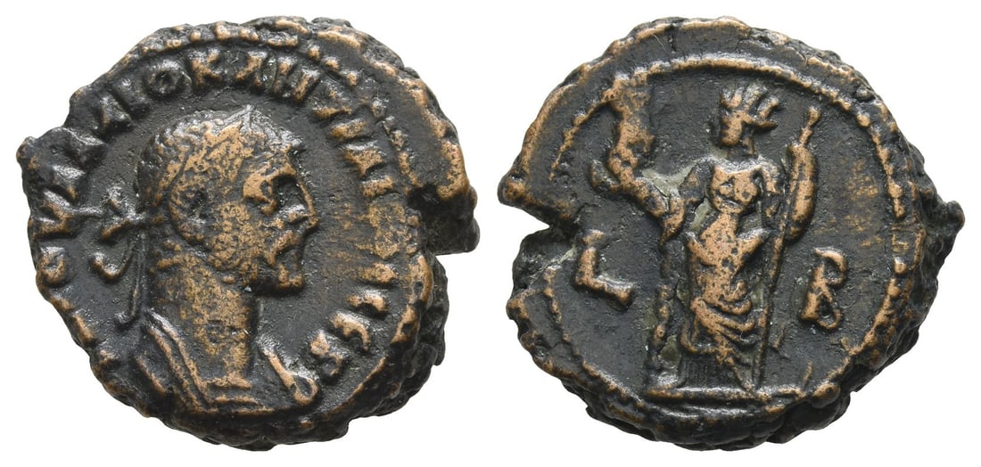 Diocletian BI Tetradrachm of Alexandria, Egypt.: Dated RY 2 (AD 285/6). ? ? ? ???? ???????????? ???, laureate and cuirassed bust to right / Alexandria standing facing, head to left, holding head of Sarapis and sceptre; L B (date) across fields. RPC 