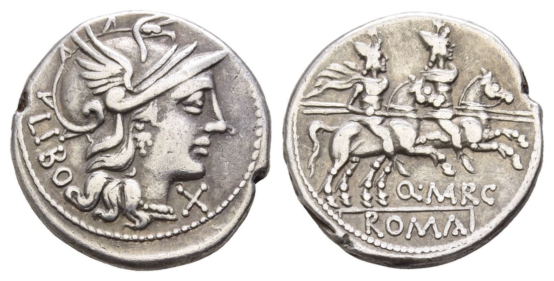 Q. Marcius Libo AR Denarius.: 148 BC. Rome mint. Helmeted head of Roma to right; mark of value beneath chin, LIBO downwards behind / The Dioscuri riding to right; Q?MARC (partially ligate) beneath horses, ROMA in linear frame in e