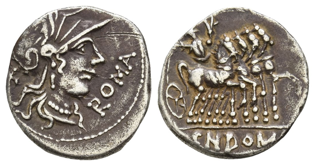Cn. Domitius Ahenobarbus AR Denarius.: 116-115 BC. Rome mint. Helmeted head of Roma to right, curl on left shoulder; X (mark of value) to left; ROMA before / Jupiter, holding laurel branch and thunderbolt, driving triumphal quadriga to rig