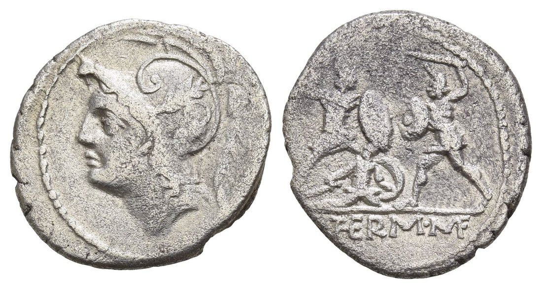 Q. Thermus M.f. AR Denarius.: 103 BC. Rome mint. Head of Mars to left, wearing crested helmet ornamented with plume and annulet / [Q ? ]THERM ? M F (partially ligate), two warriors fighting, each armed with sword and shield; the o