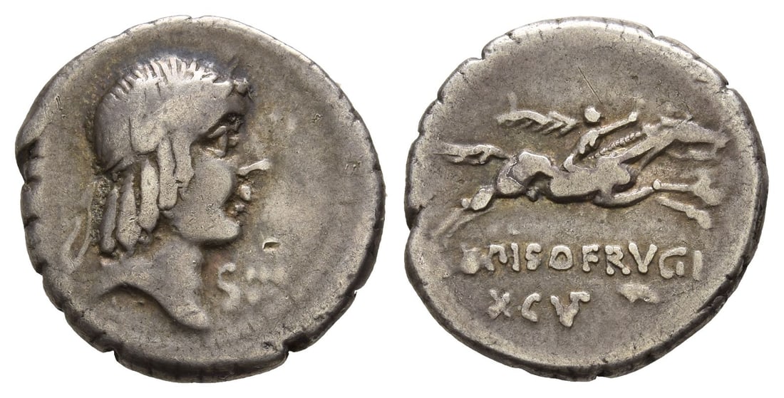 L. Calpurnius Piso Frugi AR Denarius.: 90 BC. Rome mint. Laureate head of Apollo to right; control mark before / L PISO FRVGI XCV, horseman galloping to right, holding palm. Crawford 340/1. 3.72gr, 19mm, 7h. Near Very Fine. Acquired on the