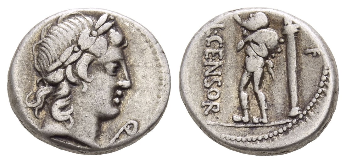 L. Marcius Censorinus AR Denarius.: 82 BC. Rome mint. Laureate head of Apollo to right; lituus(?) before / L ? CENSOR, Marsyas standing to left, looking up, right hand raised over his head, and holding wineskin over shoulder; to right, 