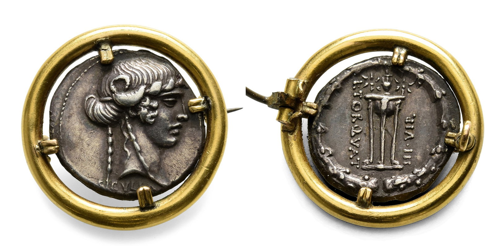 L. Manlius Torquatus. Denarius AR.: 65 BC. 19th-century gold brooch set with a Roman Republic, L. Manlius Torquatus, silver denarius. Crawford 411/1b; Sydenham 835?836; Sear RCV I 362; Babelon Manlia 12. 6.81 grams, 25 mm (1 in.). Acqui