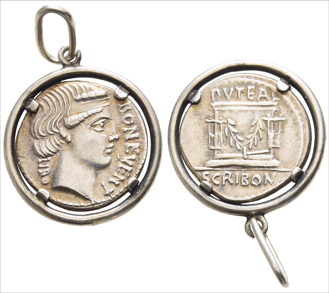 L. Scribonius Libo AR Denarius.: 62 BC. Rome mint. BON EVENT LIBO, head of Bonus Eventus to right / PVTEAL SCRIBON, altar (Puteal Scribonianum), decorated with garland and two lyres; hammer at base. Crawford 416/1a. 6.06gr total, 35 