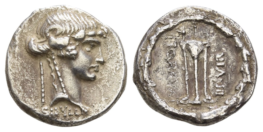 L. Torquatus AR Denarius.: 58 BC. Rome mint. Head of Sibylla to right, wearing ivy wreath; SIBYLLA below / Tripod surmounted by amphora between two stars; L ? TORQAT downward to left, III ? VIR upward to right; all within ornam
