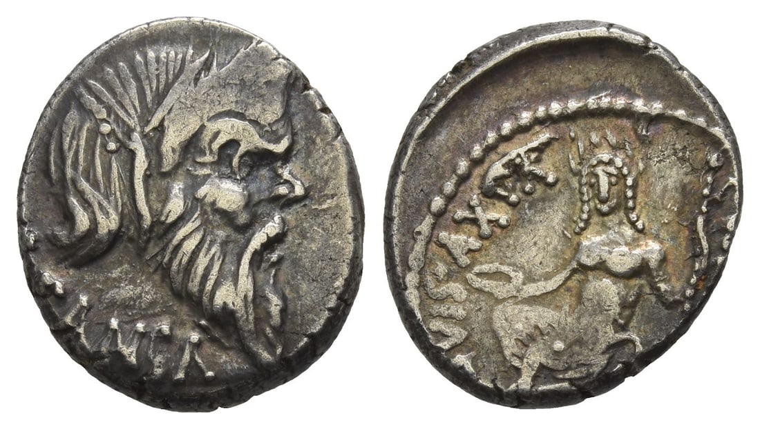 C. Vibius C.f. C.n. Pansa Caetronianus AR Denarius.: 48 BC. Rome mint. PANSA, mask of bearded Pan to right / [C ? VIBIVS ? C F ? C ? N IO]VIS ? AXVR, Jupiter Axurus seated to left, holding patera in his right hand and long sceptre with his left. Crawfor
