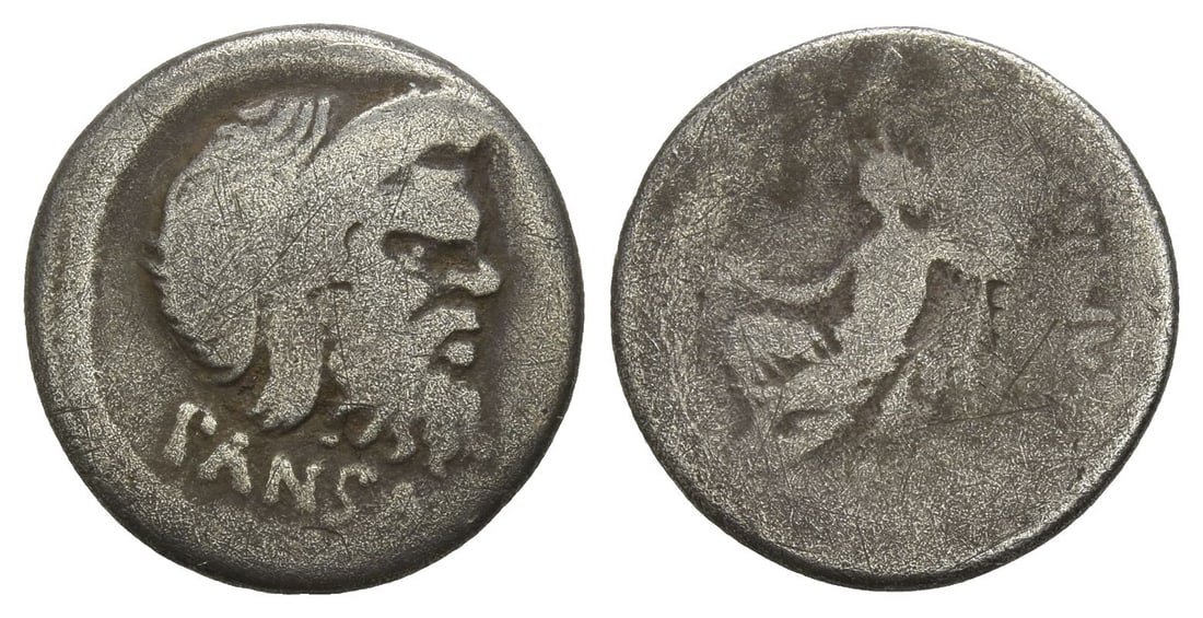 C. Vibius C.f. C.n. Pansa Caetronianus AR Denarius.: 48 BC. Rome mint. PANSA, mask of bearded Pan to right / C ? VIBIV[S ? C F ? C ? N IOVIS ? AXVR], Jupiter Axurus seated to left, holding patera in his right hand and long sceptre with his left. Crawfor