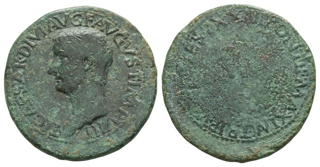 Tiberius AE As.: Circa AD 21-22. Rome mint. TI CAESAR DIVI AVG F AVGVST IMP VIII, bare head to left / PONTIF MAXIM TRIBVN POTEST XXIIII around large S C. RIC 44; Cohen 25. 9.82gr, 30mm, 12h. Near Very Fine. London, UK