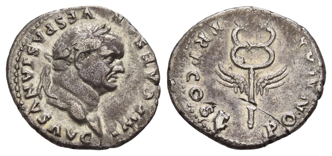 Vespasian AR Denarius.: AD 74. Rome mint. IMP CAESAR VESPASIANVS AVG, laureate head to right / PONT MAX TR P COS V, winged caduceus. RIC 703; Cohen 362; BMC 138. 3.21gr, 20mm, 6h. Very Fine. Toned. Acquired on the UK art mar