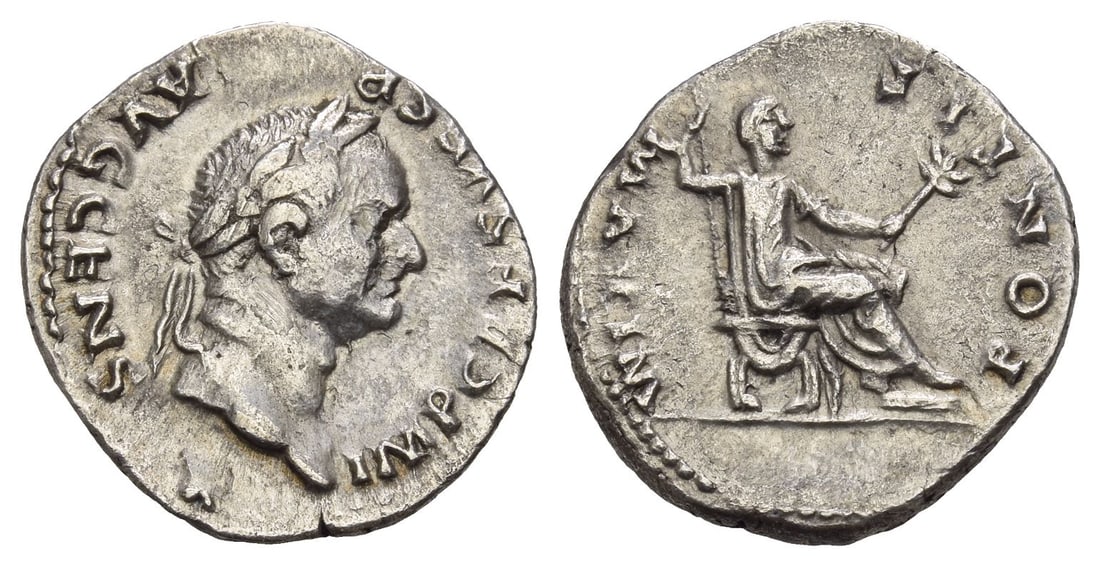Vespasian AR Denarius.: AD 73. Rome mint. IMP CAES VESP AVG CENS [?], laureate head to right / PONTIF MAXIM, Vespasian seated to right, holding sceptre and branch. RIC II.1 546; RSC 387. 3.30gr, 19mm, 12h. Very Fine. Uncerta