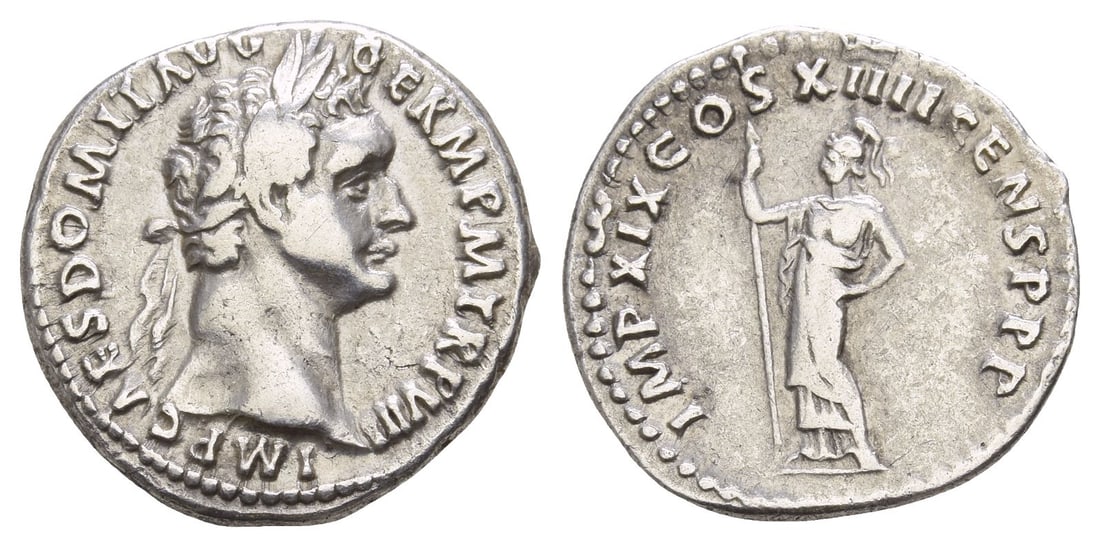 Domitian AR Denarius.: AD 88-89. Rome mint. IMP CAES DOMIT AVG GERM P M TR P VIII, laureate head to right / IMP XIX COS XIIII CENS P P P, Minerva standing to left, holding grounded spear. RIC II.1 670; BMCRE 154; RSC 250. 3