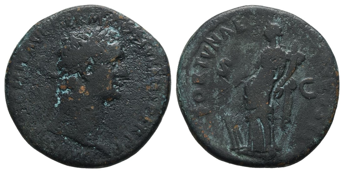 Domitian AE As.: Struck AD 90-91. Rome mint. IMP CAES DOMIT AVG GERM COS XV(?) CENS PER P P, laureate head to right / FORTVNAE AVGVSTI; Fortuna standing to left, holding rudder and cornucopia; S C across fields. Cf. R