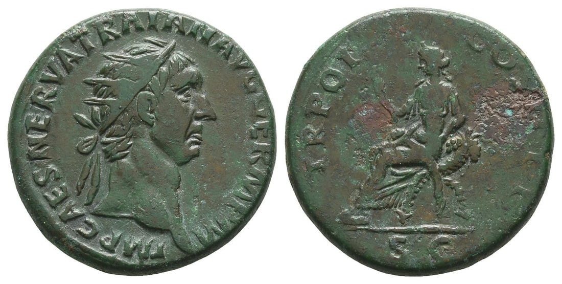 Trajan AE Dupondius.: Struck autumn AD 98-autumn AD 99. Rome mint. IMP CAES NERVA TRAIAN AVG GERM P M, radiate head to right / TR POT COS II P P, Abundantia seated to left on chair formed of two cornucopiae, holding sceptr