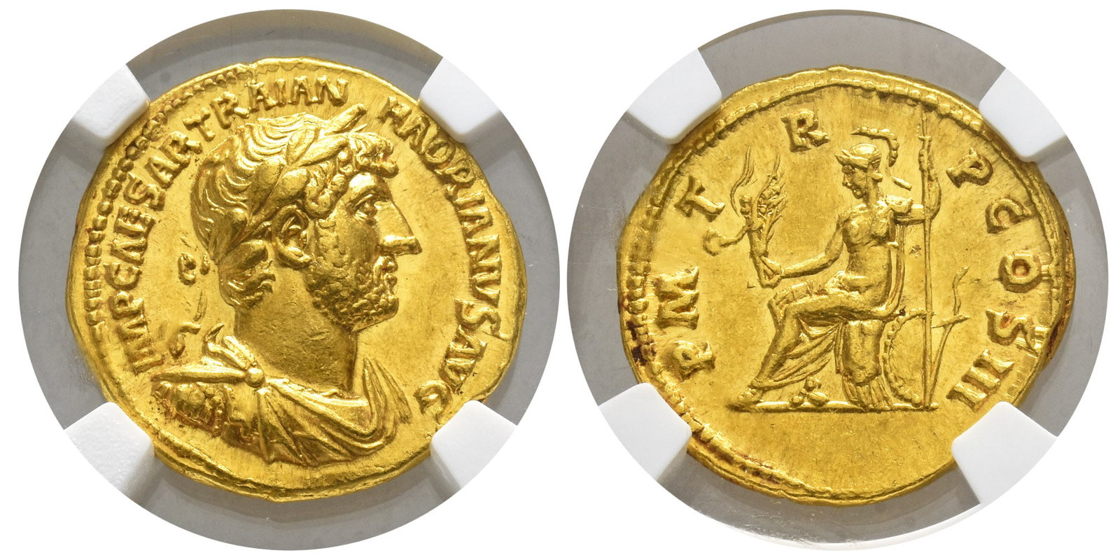 Hadrian AV Aureus: AD 121-123. Rome mint. IMP CAESAR TRAIAN HADRIANVS AVG, laureate, draped and cuirassed bust to right / P M TR P COS III, Roma seated left on cuirass, holding Victory and spear; shield at side, bow