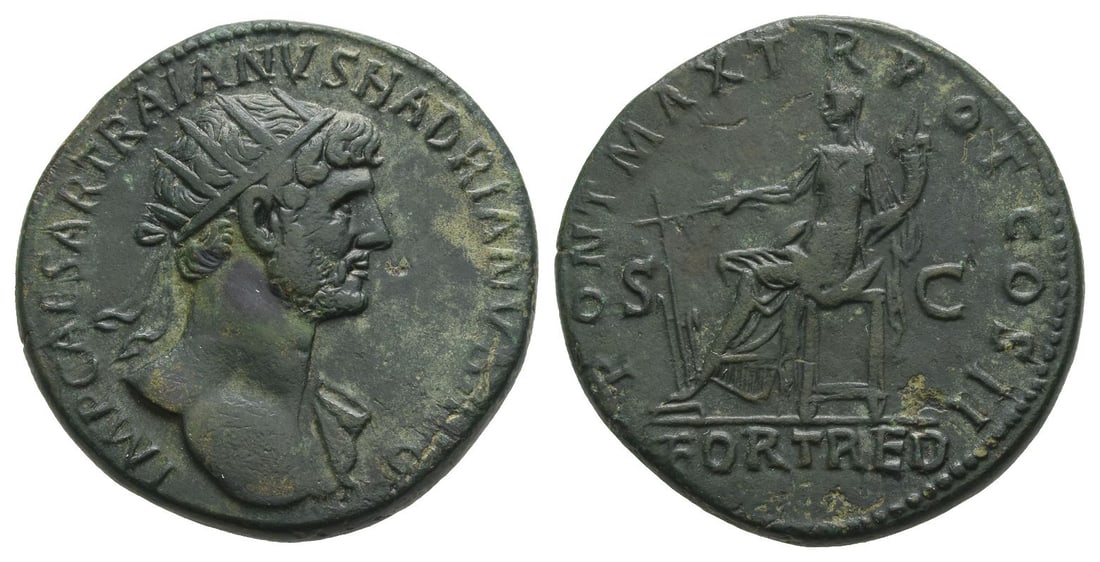 Hadrian AE Dupondius.: AD 117. Rome mint. IMP CAESAR TRAIANVS HADRIANVS AVG, radiate bust to right, with bare chest and traces of drapery on far shoulder / PONT MAX TR POT COS II, Fortuna seated to left, holding rudder and