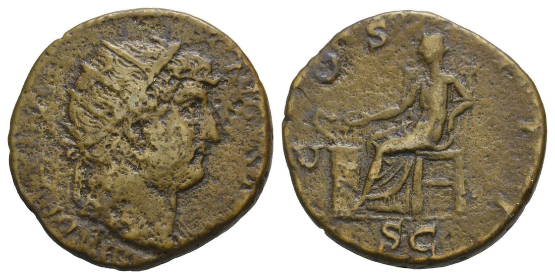 Hadrian AE Dupondius.: AD 126-127. Rome mint. HADRIANVS AVGVSTVS, radiate head to right, with slight drapery on left shouder / COS III, Salus seated to left, feeding serpent, rising from altar, out of patera with her right