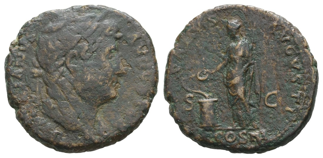 Hadrian AE As.: AD 125-127. Rome mint. HADRIANVS AVG[VSTVS], laureate head to right, slight drapery on far shoulder / [SAL]VS AVGVSTI, Salus standing facing, head to left, feeding snake coiled round altar from