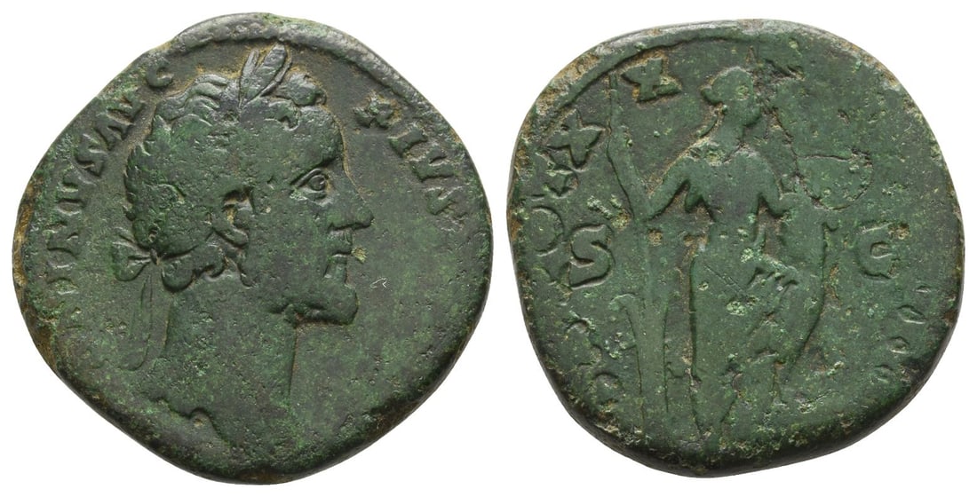 Antoninus Pius AE Sestertius.: AD 156-157. Rome mint. [ANT]ONINVS AVG PIVS [P P IMP II], laureate head to right / [TR] POT XX [COS] IIII, Annona standing to right, foot on prow, holding rudder and modius on knee; S C across
