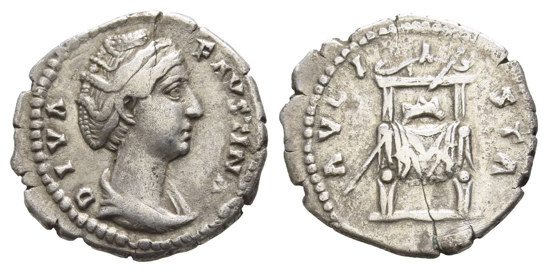 Diva Faustina I AR Denarius.: Circa after AD 146. Rome mint. DIVA FAVSTINA, draped bust to right / AVGVSTA, throne, on which is a wreath and a sceptre. RIC (Pius) 377; BMCRE (Pius) 454; RSC 131. 3.11gr, 19mm, 6h. Very Fine. From