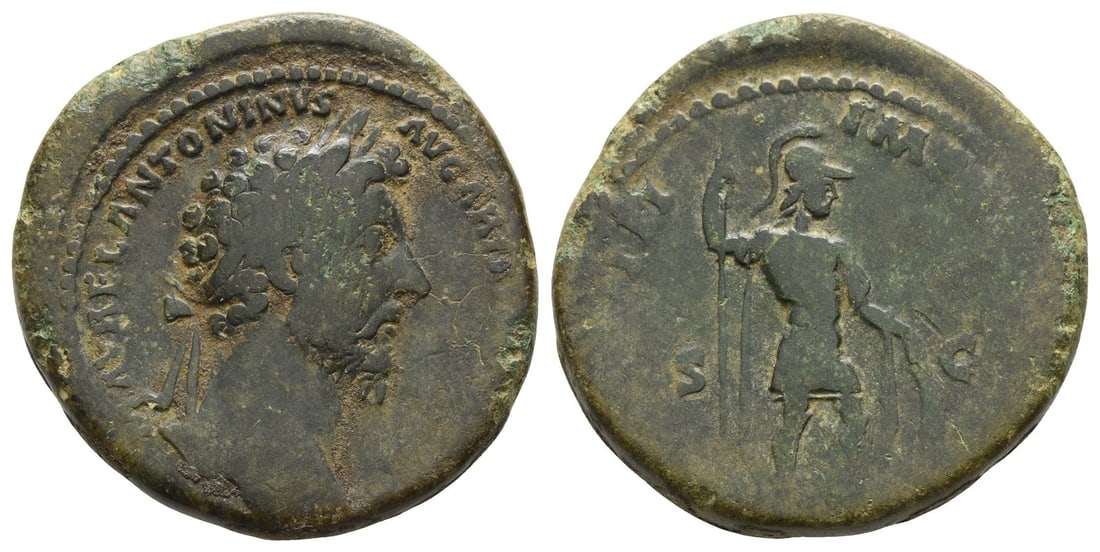 Marcus Aurelius AE Sestertius.: Struck possibly AD 164. Rome mint. M AVREL ANTONINVS AVG ARM[ENIACVS P M], laureate head to right / [TR P XV?]III IMP [II COS III?], S C across field, Mars, helmeted, in military dress, standing to ri