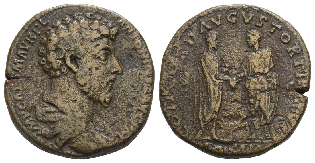 Marcus Aurelius AE Sestertius.: Struck AD 161. Rome mint. IMP CAES M AVREL ANTONINVS AVG P M, bareheaded, draped, and cuirassed(?) bust to right / CONCORD AVGVSTOR TR P XV, Marcus Aurelius and Lucius Verus standing with clasped hand