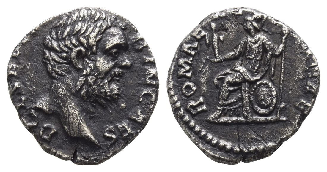 Clodius Albinus, as Caesar, AR Denarius.: AD 193-195. Rome mint. D CL SEPT ALBIN CAES, bare head to right / ROMAE AETERNAE, Roma seated to left on shield, holding palladium and spear. RIC IV 11a; BMCRE 44 (Wars of the Succession); RSC 61.